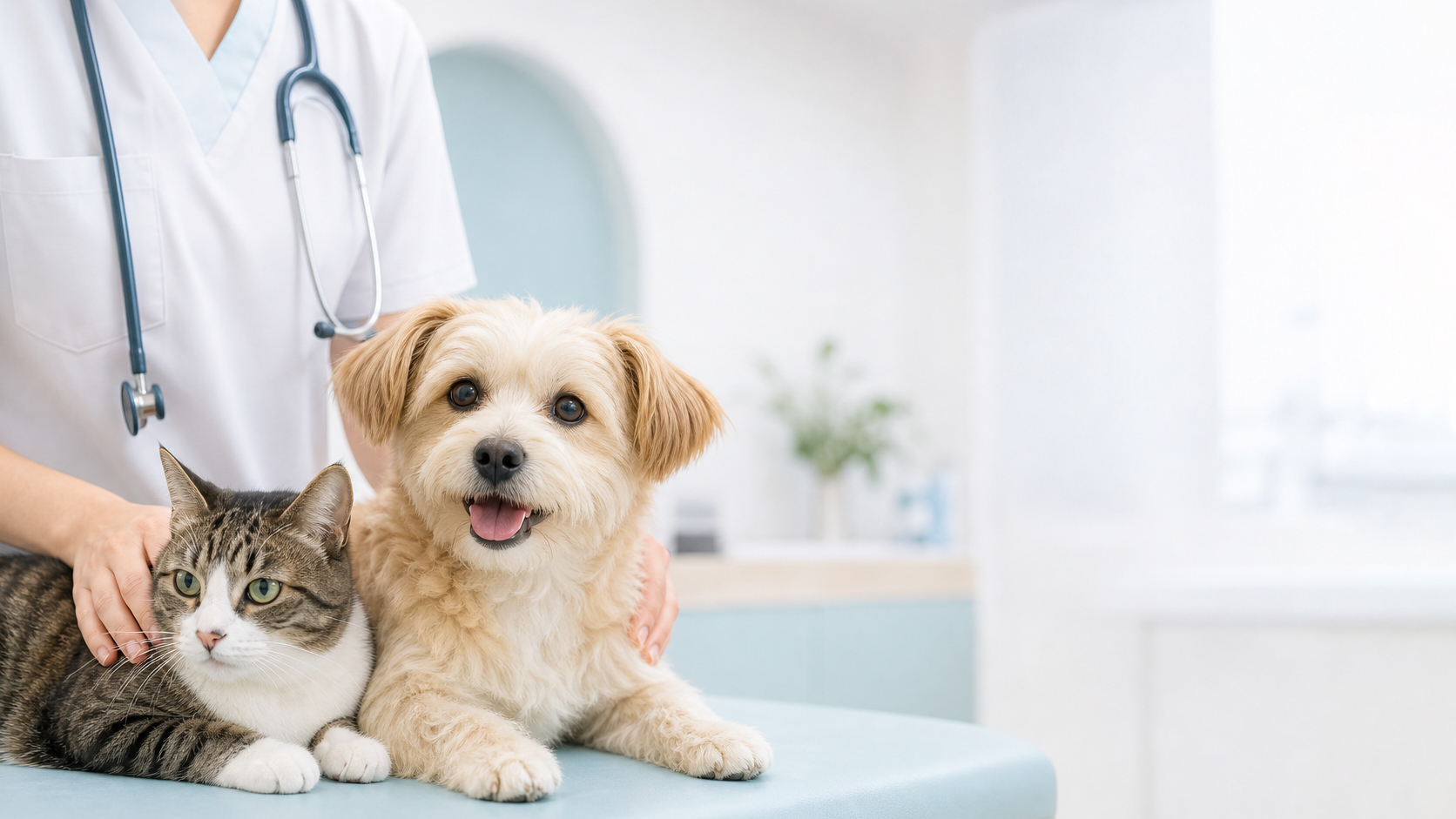 犬と猫が穏やかに過ごす明るい空間