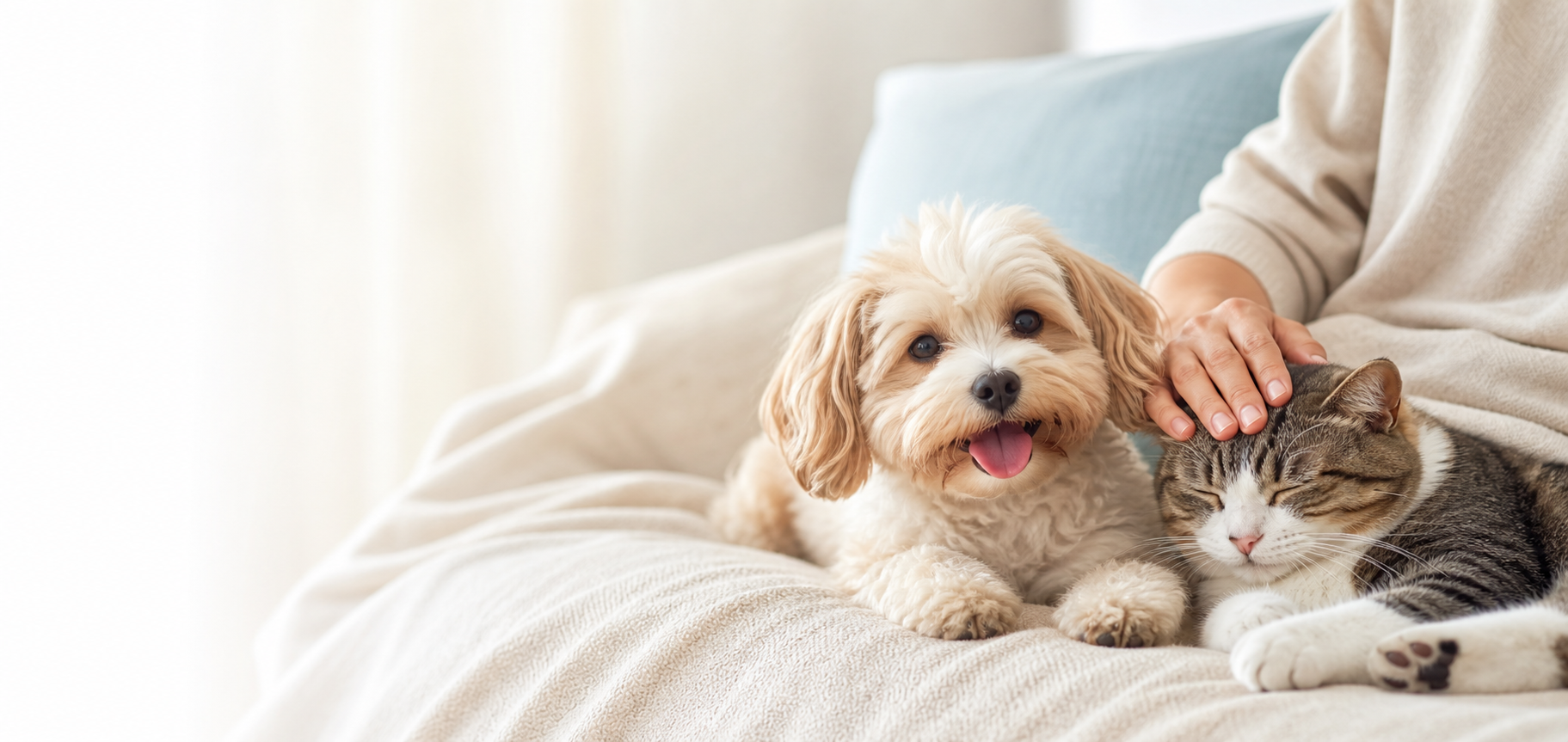 自宅で犬と猫が飼い主とくつろぐ日常のイメージ