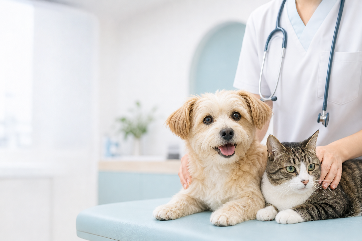犬と猫の状態を獣医師が確認する診察のイメージ